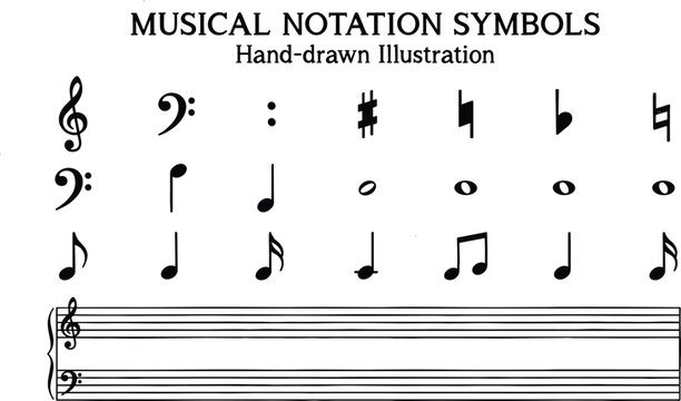 Set of Black Hand-Drawn Musical Notation Symbols Including Treble and Bass Clefs, Notes, Rests, and a Staff for Music Theory and Education Vector Illustration.