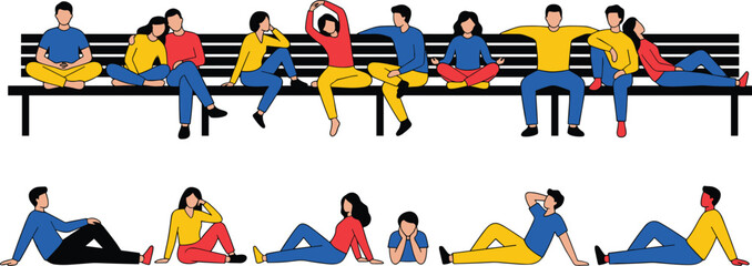 Fototapeta premium Diverse Group of Young People in Casual Primary Colors (Red, Blue, Yellow) Sitting and Lounging on a Bench and the Ground, Representing Relaxation and Social Activities Vector.