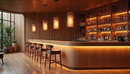 Stylish modern bar interior design. Warm wooden tones ambient lighting create a relaxing atmosphere. Empty bar stools ready for guests. Japanese inspired design concept for eatery or lounge.