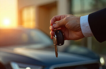 Man in suit holds car keys. Handover takes place in front of auto. Car purchase symbolises new beginning, finance and lifestyle. Buying auto shows success and aspirations. New car concept.