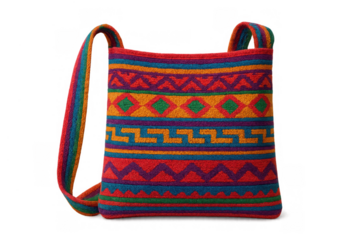 Woven wool bag displaying indigenous cultural patterns, bright straps, and ethnic style. Transparent background