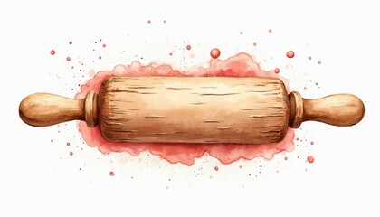 Wooden rolling pin rests on red watercolor splash. Baking tool for dough prep with textured wood grain. Simple kitchen graphic for culinary, baking themes.