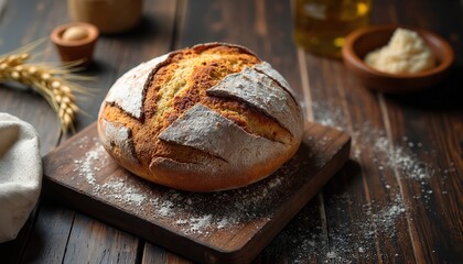 Freshly baked artisan bread rests on wooden cutting board. Scattered flour, wheat stalks suggest rustic kitchen setting, perfect for food blogs bakery ads. Loaf symbol of wholesome goodness.