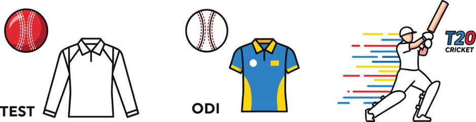 Cricket formats illustration—vector of Test, ODI, and T20 with ball, attire, and dynamic batsman