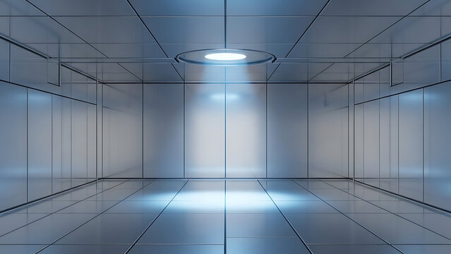 Futuristic empty white room with a glowing blue spotlight on the floor. Modern sci-fi interior background for technology or product display. 3D render