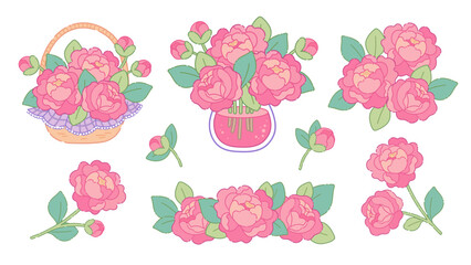 Set of cartoon peonies, roses, camellias in kawaii style