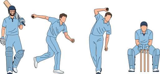 Cricket player roles illustration—vector of batsman, two bowlers, and wicketkeeper with gear and action poses 