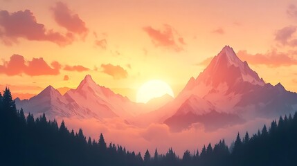 Majestic mountain peaks bathed in the warm glow of a vibrant sunset