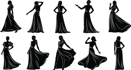 Elegant dress silhouette illustration set, expressive female posture and fashion gesture concept vector, black and white graphic for style design