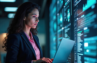 Businesswoman works with laptop near data visualization panels. Female analyst in office uses modern tech. Lady coding. AI tech concept. Innovative digital world. Computer screen with charts.