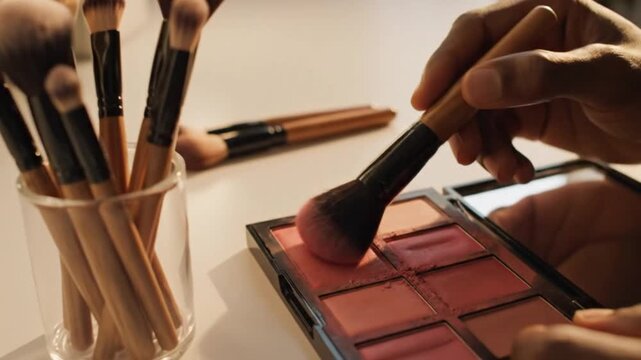 Close-up of makeup brushes in a glass holder with a palette of blushes on a vanity table