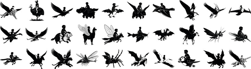 Obraz premium Silhouetted children riding fantastical creatures in monochrome art