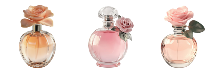 Three perfume bottles with floral accents isolated on a transparent background