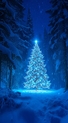 A beautifully decorated Christmas tree shines with blue lights in a quiet snowy forest. It stands tall among snow-covered pines, creating a peaceful winter scene. Snowflakes gently fall around