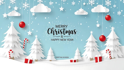 Paper cut style merry christmas and happy new year greeting card background with white winter trees, snow, decorative baubles, stars, and gifts on light blue sky.