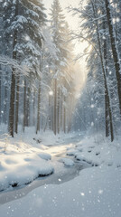 Obraz premium A tranquil winter scene shows tall trees covered in snow, with soft sunlight filtering through the branches. A small stream winds through the snow, creating a peaceful atmosphere