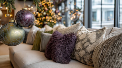 A cozy holiday scene featuring plush pillows and decorative ornaments hanging from a lush tree, radiating warmth and festive cheer.