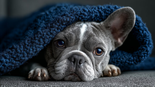A cozy French bulldog peeks out from beneath a soft blue blanket, showcasing its expressive eyes and adorable features.