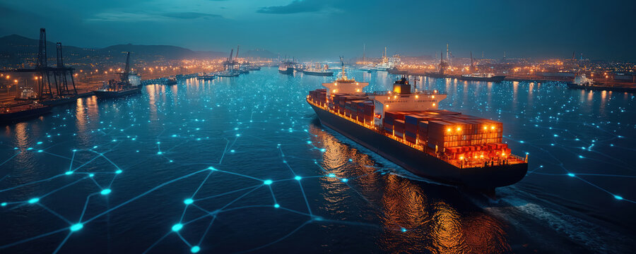 Illustration of busy port at night. Container ship sails in harbor surrounded by digital network. Global trade routes transport goods. City lights sparkle in background. Modern logistic concept.