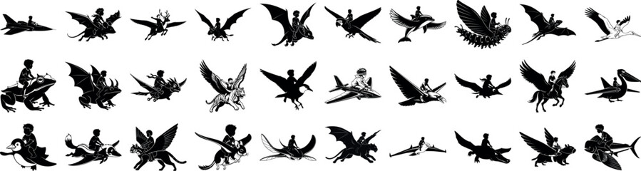 Obraz premium Silhouettes of people riding various flying creatures and objects