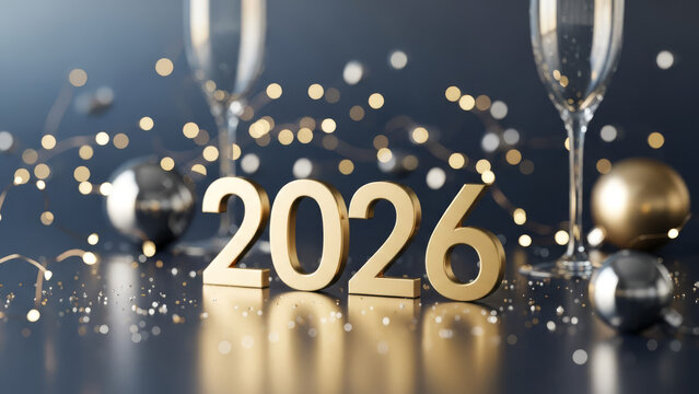Golden 2026 New Year numbers standing on dark reflective table with champagne glasses and blurred bokeh lights in background for luxury celebration party invitation or calendar concept design - Powered by Adobe