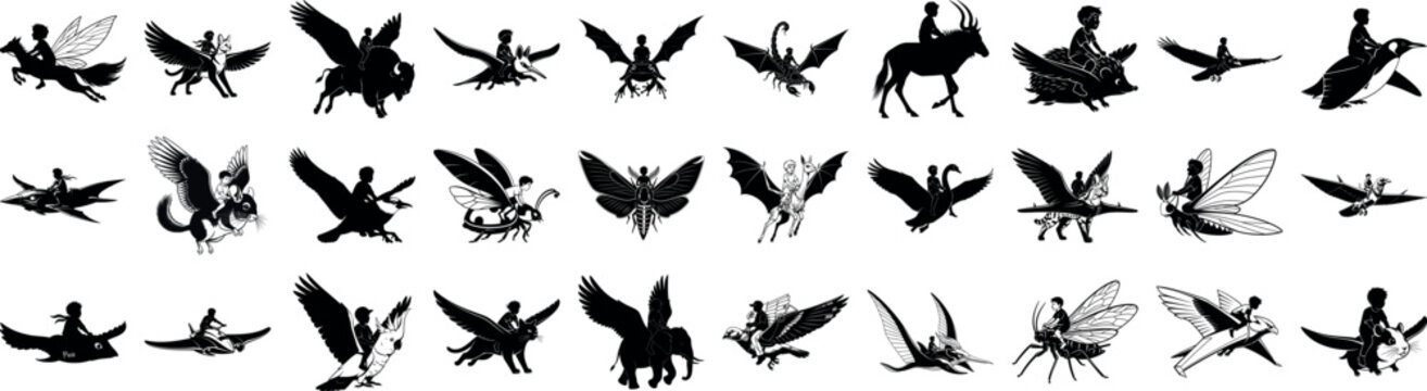 Silhouettes of children riding fantastical creatures in flight