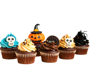 A collection of six decorated cupcakes with Halloween themed frosting and toppings