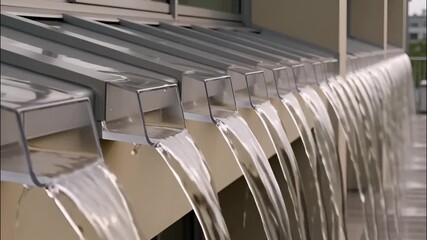 Close-up view of cascading water flowing from the edge of a modern building's roof, creating a beautiful display - Powered by Adobe