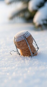 Champagne cork with wire cage sitting in sparkling fresh snow. Winter holiday celebration symbol, frosty outdoor concept, New Year party.