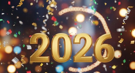 Golden 2026 numbers with confetti and bokeh lights. Happy New Year celebration concept for greeting card, party invitation, banner.