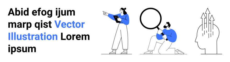 People analyzing with magnifying glass, brainstorming and pointing at ideas, symbolized by head and arrows. Ideal for teamwork, analysis, innovation, research, vision, growth simple landing page