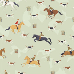 Seamless pattern with horse riders, hunting dogs, and fences on a soft green background