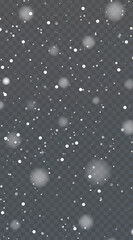 Realistic snow fallen on transparent background. Abstract dust particles, white confetti png bg. Festive wallpaper element for christmas poster, flyer, new year card, realistic vector snow powder.