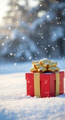 Red gift box with golden ribbon in snowy outdoor setting during winter holidays. Concept of Christmas present or New Year gift. Snowy background for greeting card.