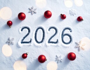 2026 Nowy Rok, napis na śniegu, w tle bokeh i czerwone bombki. Szczęśliwego Nowego Roku. Kartka świąteczna z życzeniami.  © Anita