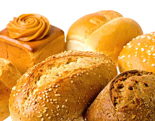 Close-up of various freshly baked breads, highlighting textures and golden-brown colors