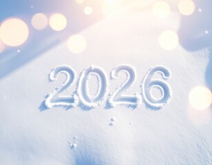 Fototapeta na wymiar 2026 Nowy Rok, napis na śniegu, w tle bokeh. Szczęśliwego Nowego Roku. Kartka świąteczna z życzeniami. 