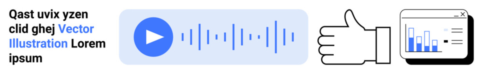 Digital media evaluation, user interactions, data analysis, streaming platforms, online engagement, marketing metrics. A play button with soundwaves, thumbs up and analytics chart. Digital media