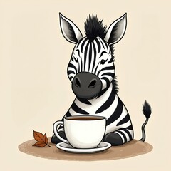 Fototapeta premium Cute cartoon zebra with mohawk hairstyle sits next to coffee cup and leaf. Funny animal enjoys hot drink in mug. Gentle illustration has warm and cozy vibes. Perfect for kids.