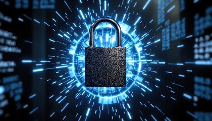 Glowing digital padlock on blue abstract circuit board background symbolizing cyber security and data protection in futuristic style