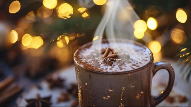 A steaming mug of hot cocoa with cinnamon and foam decorated with gold stars against a background of glowing bokeh lights