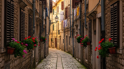 Narrow cobblestone alleyway in a historic european town with colorful flowers in window boxes and warm sunlight illuminating the ancient stone buildings