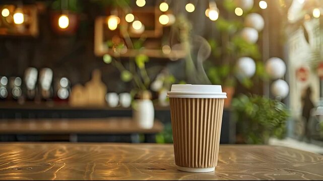 A steaming paper coffee cup on a wooden table in a warmly lit cafe