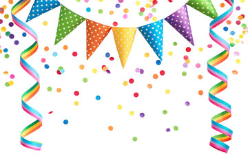 Obraz premium Colorful party decorations with confetti and streamers on a white background for celebration theme