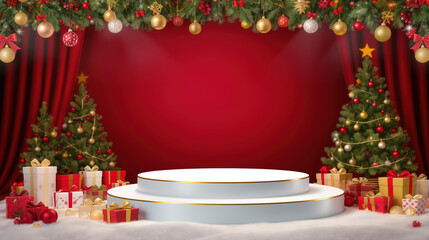 A beautifully arranged stage features two lush Christmas trees adorned with colorful ornaments and lights