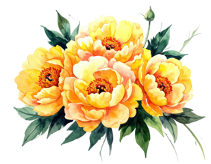 Watercolor illustration of a vibrant bouquet with lush yellow blooms and emerald green leaves
