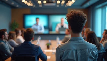 Fototapeta premium Young man at business conference attends lecture. Audience listens to speaker. People in suits in modern office room. Education and learning concepts for business.