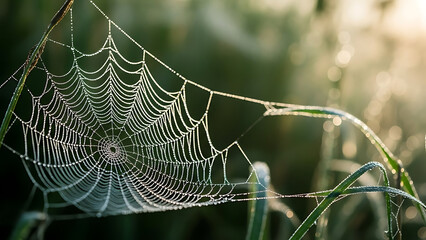 Delicate dew drops glisten on a finely woven spider web catching the soft morning sunlight in a natural outdoor environment