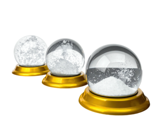 Three snow globes with varying amounts of snow in a row on gold bases, on a black background