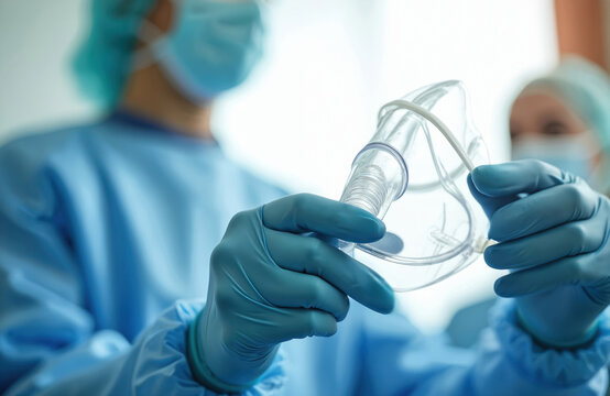 Medical pro in protective uniform holds oxygen mask. Healthcare worker prepares equipment for respiratory support. Doctor with protective gear and gloves ready to assist patient - Powered by Adobe